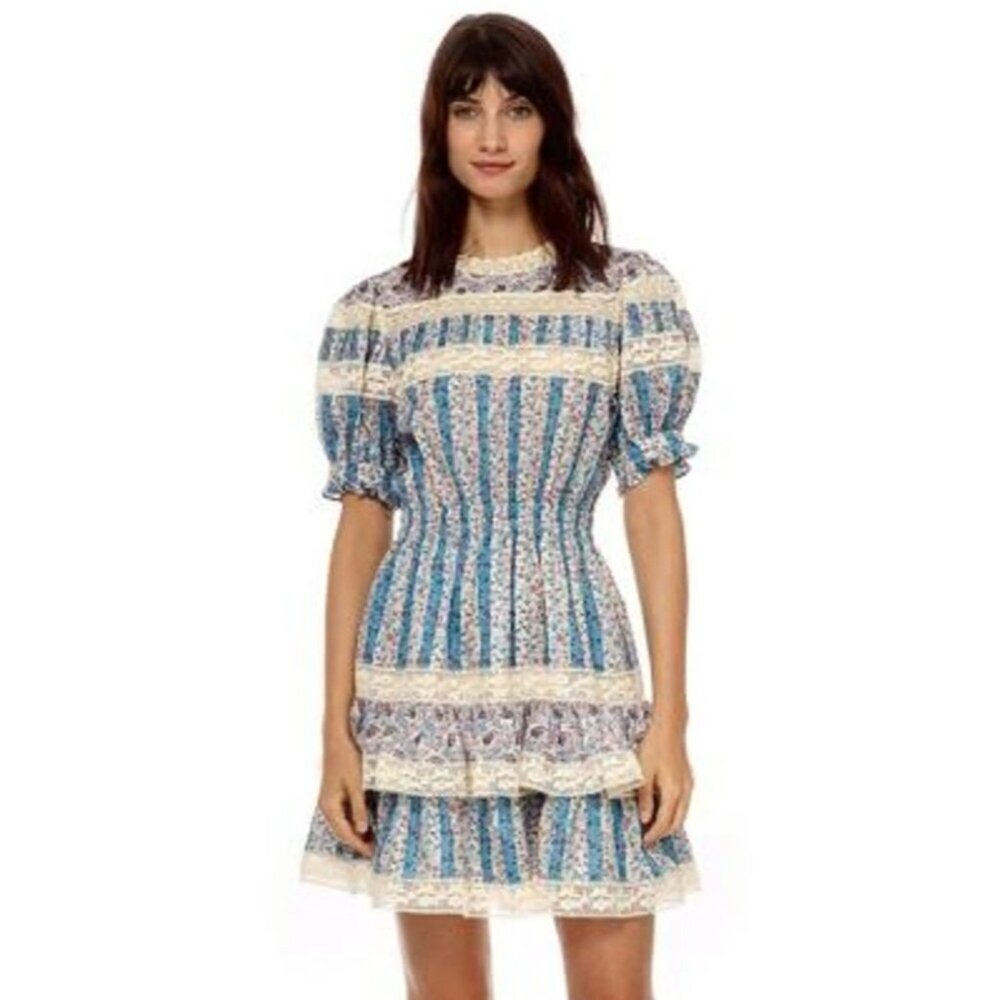 Stellah Size Small Floral Victorian Print Mixed Lace Trim Puff Sleeve Dress